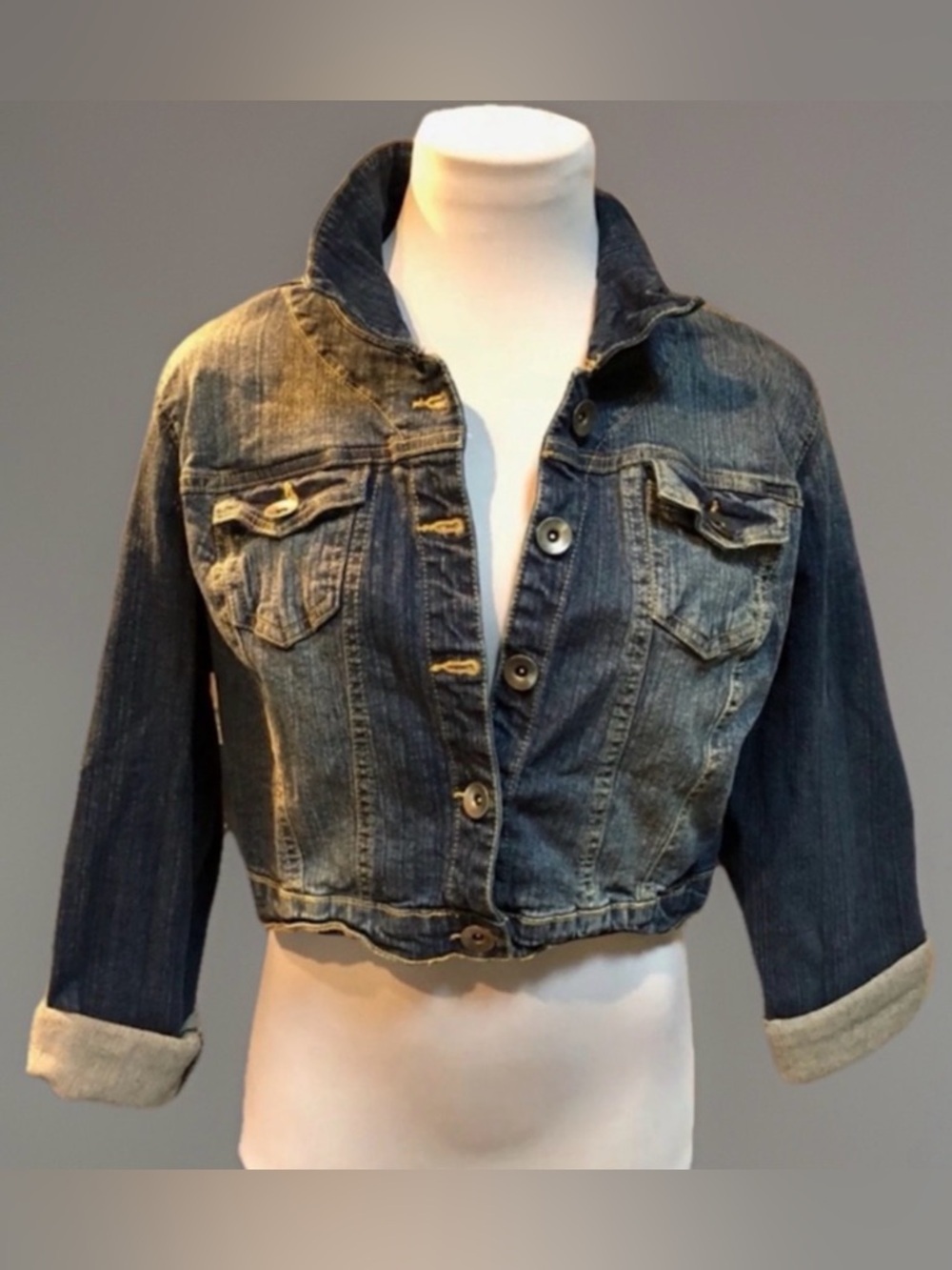 Boho Hippie Festival CHIC Cropped Layering
Dark Wash Jean Jacket Womens sz L